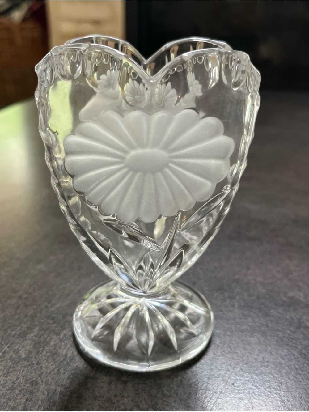 Vintage Anna Hutte 7” Pressed Glass Heart Vase with Floral Medallion